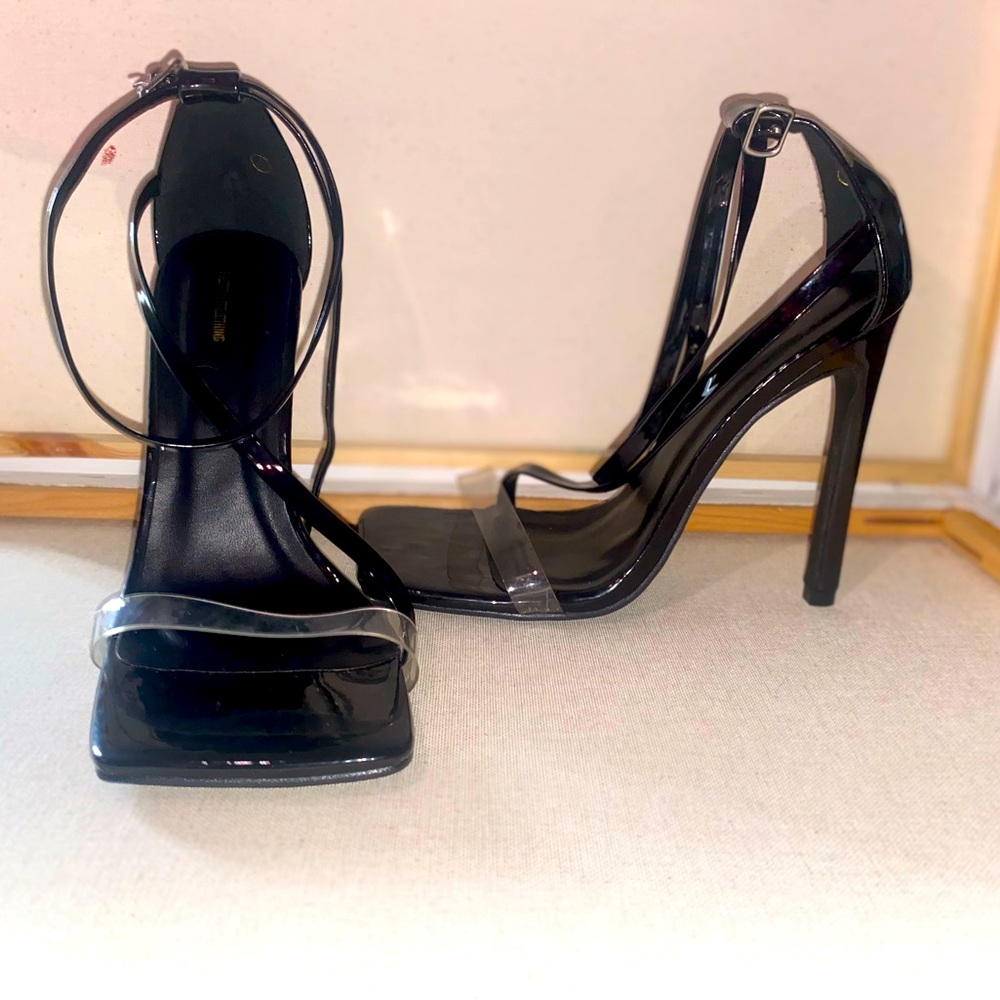 Pretty little thing black heels with clear strap!